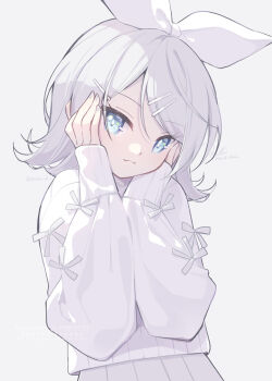 1girl :3 alternate_costume alternate_hair_color blue_eyes closed_mouth commentary_request hair_ornament hair_ribbon hairclip hands_on_own_cheeks hands_on_own_face hazuki_natsu kagamine_rin long_sleeves looking_at_viewer medium_hair pleated_skirt ribbon signature skirt sleeves_past_wrists smile solo sweater swept_bangs twitter_username upper_body vocaloid white_hair white_ribbon white_skirt white_sweater