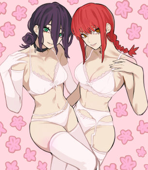 2girls absurdres black_choker bra breasts chainsaw_man choker elbow_gloves garter_straps gloves green_eyes hair_between_eyes hair_bun highres looking_at_viewer makima_(chainsaw_man) medium_breasts multiple_girls navel orange_eyes panties purple_hair red_hair reze_(chainsaw_man) ringed_eyes sailen0 thighhighs underwear white_bra white_gloves white_panties white_thighhighs