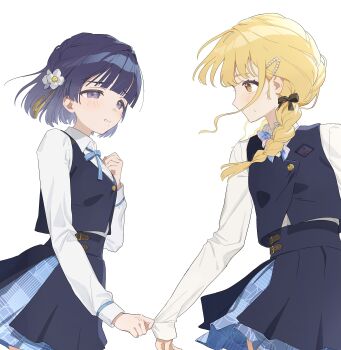 2girls absurdres blonde_hair blue_overskirt blue_ribbon blue_skirt blue_vest blush bow bowtie braid clenched_hand clothes_grab collared_shirt flower fujita_kotone gakuen_idolmaster grabbing_another's_sleeve hair_flower hair_ornament hair_ribbon hand_on_own_chest hataya_misuzu hatsuboshi_gakuen_school_uniform highres idolmaster kamin_(monemasu) long_sleeves looking_at_another multiple_girls neck_ribbon plaid_bow plaid_bowtie plaid_clothes pleated_skirt purple_eyes purple_hair ribbon school_uniform shirt short_hair simple_background skirt tassel tassel_hair_ornament twin_braids vest white_background white_shirt yellow_eyes