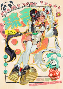 1girl ahoge animal_print antique_phone aqua_nails bare_shoulders bear_print black_hair black_shoes braid braided_twintails brown_background character_name china_dress chinese_clothes collarbone colored_speech_bubble commentary daniel_deng detached_sleeves dialyn_(zenless_zone_zero) double_bun dress earrings english_commentary english_text full_body hair_bun hair_extensions hair_intakes hair_ornament hands_up hashtag head_tilt highres id_card jewelry long_hair looking_at_viewer motion_lines multicolored_hair multicolored_nails necktie open_mouth panda_hair_ornament panda_print pelvic_curtain phone red_nails ring_hair_extensions rotary_phone shoes solo sparkling_eyes speech_bubble split-color_hair spoken_expression star_(symbol) thighhighs white_dress white_hair white_thighhighs yellow_eyes yellow_necktie zenless_zone_zero