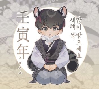 1boy 2022 animal_ears black_eyes black_hair child chinese_zodiac choi_han full_body japanese_clothes korean_text long_sleeves looking_at_viewer lout_of_count&#039;s_family male_focus new_year panza seiza short_hair sitting smile solo tail tiger_boy tiger_ears tiger_tail year_of_the_tiger