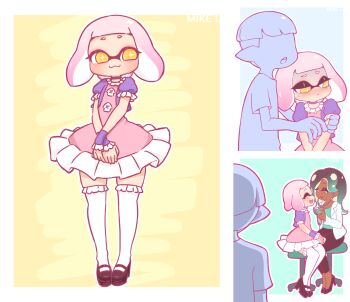 1boy 2girls :&lt; :3 alternate_costume aqua_hair aqua_shirt artist_name black_hair black_pants black_shoes blush bowl_cut chair choker closed_mouth commentary dark-skinned_female dark_skin doctor dress english_commentary eyelashes faceless faceless_male frown gradient_hair green_eyes hand_on_another&#039;s_arm high_heels holding holding_stethoscope inkling jacket long_sleeves marina_(splatoon) medium_hair mike_inel multicolored_hair multiple_girls nintendo octoling on_chair open_clothes open_jacket open_mouth pants pearl_(splatoon) pink_dress pink_hair pointy_ears puffy_short_sleeves puffy_sleeves purple_choker purple_jacket shirt shoes short_hair short_sleeves sitting smile splatoon_(series) splatoon_2 star-shaped_pupils star_(symbol) stethoscope stethoscope_around_neck swivel_chair symbol-shaped_pupils tentacle_hair thighhighs undercut very_short_hair white_jacket white_thighhighs yellow_eyes yuri zettai_ryouiki