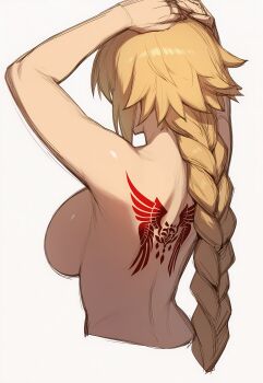 Rule 34 | 1girl, absurdres, arms up, back, back tattoo, blonde hair, braid, breasts, fate/apocrypha, fate (series), from behind, hands on own head, highres, jeanne d'arc (fate), kagetsumoon, large breasts, long hair, nude, sideboob, sidelocks, simple background, single braid, sketch, solo, tattoo, very long hair, white background