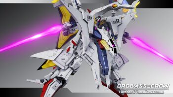 3d absurdres energy_sword commentary_request dual_wielding earth_federation energy_gun gradient_background gundam gundam_hathaway's_flash highres holding inviter_oro machinery mecha mecha_focus mobile_suit no_humans penelope_(hathaway's_flash) purple_eyes robot shield v-fin weapon