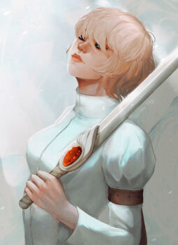 1girl blonde_hair breasts closed_mouth commentary creepypasta english_commentary film_grain gem hand_up highres holding holding_sword holding_weapon hollow_eyes instagram_username jacket judge_angels_(creepypasta) juliet_sleeves limmysky lips long_sleeves looking_up puffy_sleeves red_gem short_hair simple_background small_breasts solo swept_bangs sword turtleneck turtleneck_jacket upper_body weapon white_background white_jacket