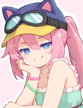 1girl absurdres animal_ear_headwear animal_hat bare_shoulders belt blue_eyes cat_hat close-up collarbone dots dress fake_animal_ears flat_chest goggles goggles_on_headwear green_dress hand_rest hat head_rest highres kafka963 long_hair looking_at_viewer medium_eyebrows open_mouth outline pink_background pink_hair ponytail sidelocks simple_background smile smug solo steam_(platform) steam_delivery_girl sundress upper_body white_outline wristband