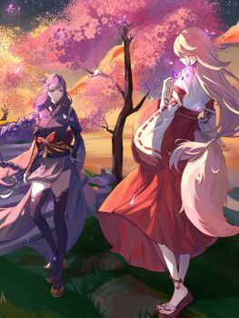 Rule 34 | 2girls, absurdres, alternate costume, animal ears, anklet, blue pupils, blunt bangs, braid, bridal gauntlets, bug, butterfly, cherry blossoms, chinese commentary, commentary request, couple, crystalfly (genshin impact), dawn, faceless, faceless female, falling petals, feet, fox ears, fox girl, full body, genshin impact, glowing, glowing butterfly, grass, hair ornament, hair ribbon, highres, insect, japanese clothes, jewelry, kimono, lingerie, long braid, long hair, long sleeves, looking to the side, low-tied long hair, miko, mole, mole under eye, multicolored eyes, multicolored hair, multiple girls, outdoors, petals, pink hair, purple butterfly, purple eyes, purple hair, purple kimono, purple thighhighs, raiden shogun, red sash, ribbon, sandals, sash, shaded face, single braid, siyanghuasanke, standing, streaked hair, thighhighs, toes, tree, underwear, wide sleeves, yae miko, yuri