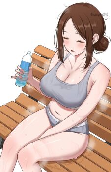 1girl bare_arms bench blush bottle breasts brown_hair cleavage closed_eyes collarbone commentary_request grey_sports_bra grey_sports_panties hair_bun highres holding holding_bottle large_breasts mature_female mole mole_on_neck navel on_bench original park_bench sidelocks simple_background sitting solo sports_bra steaming_body surippa1010 sweat thighs twitter_username uchino_konoha_(surippa) water_bottle white_background