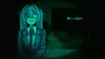 1girl collared_shirt commentary english_commentary eyepatch game_screenshot_background green_theme haburashi hair_between_eyes hatsune_miku highres jacket limited_palette long_hair long_sleeves looking_at_viewer medical_eyepatch monitoring_(vocaloid) necktie no_i'm_not_a_human open_mouth parody pov_peephole school_uniform screenshot_background shirt smile solo style_parody translation_request twintails upper_body very_long_hair vocaloid