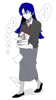 Rule 34 | 1girl, ado (utaite), atashi wa mondaisaku, black shoes, black sweater, blue hair, commentary, english commentary, grey skirt, gunjyou (gunjyou 00), hair between eyes, highres, long hair, nervous sweating, open mouth, shoes, simple background, skirt, solo, sweat, sweater, tanaka keiko (ado), translation request, white background