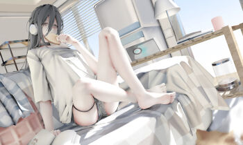 1girl absurdres barefoot bed black_hair black_panties book dutch_angle eating feet food food_in_mouth hair_between_eyes headphones highres holding holding_food indoors lamp legs long_hair looking_at_viewer on_bed panties pillow shirt short_shorts short_sleeves shorts sitting solo t-shirt thigh_strap toes umii- underwear white_shirt window window_blinds
