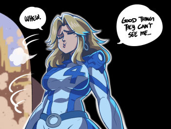 1girl blonde_hair blue_bodysuit bodysuit breasts closed_eyes earrings fantastic_four highres hoop_earrings jewelry marvel marvel_rivals pout solo speech_bubble sue_storm tina_fate