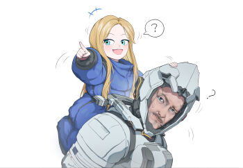 Rule 34 | 1boy, 1girl, ?, absurdres, blonde hair, blue coat, blue eyes, blush, coat, commentary request, diana (pragmata), facial hair, forehead, highres, hugh williams, jinrou mangfu, long hair, looking at viewer, mustache, open mouth, padded coat, pointing, pragmata, smile, spacesuit, sweat