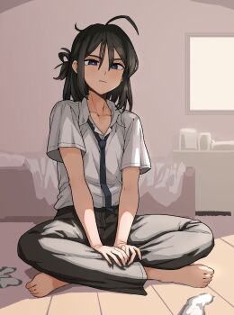 1girl ahoge art_study barefoot black_eyes black_hair black_necktie black_pants collarbone commentary english_commentary formicid full_body hair_between_eyes hands_on_own_legs highres indian_style indoors looking_at_viewer necktie on_floor original pants shirt sitting socks solo unworn_socks wavy_mouth white_shirt white_socks