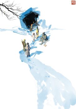 3boys 3girls axe bare_tree bow_(weapon) cape cave dress dwarf fantasy from_above highres holding holding_staff multiple_boys multiple_girls neo1900 orc original quiver sheath snow staff tree weapon white_background