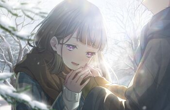 Rule 34 | 2girls, bare tree, blunt bangs, brown hair, brown scarf, coat, enpera, game cg, highres, kachimachi kosuzu, link! like! love live!, long hair, long sleeves, love live!, lower teeth only, multiple girls, murano sayaka, non-web source, official art, open mouth, outdoors, parted lips, pink eyes, plaid clothes, plaid coat, scarf, snow, solo focus, teeth, tree, upper body, virtual youtuber, warming hands, winter