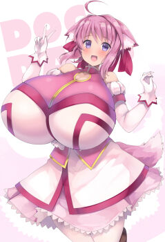 Rule 34 | 1girl, ahoge, akikaze tsumuji, alternate breast size (larger), animal ears, breasts, commentary request, dog days, dog ears, dog girl, dog tail, english text, gigantic breasts, gloves, hair ribbon, impossible clothes, juliet sleeves, long sleeves, looking at viewer, millhiore f. biscotti, open mouth, pink hair, pink tail, puffy sleeves, purple eyes, ribbon, short hair, skirt, smile, solo, tail