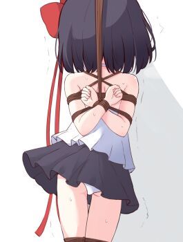 1girl arms_behind_back ass bdsm black_hair blue_skirt bondage bound bound_wrists bow cowboy_shot from_behind hair_bow ichiya_runa_(mamamamave) loli miria_(mamamamave) original panties red_bow restrained shibari shirt short_hair simple_background skirt sweat thighs trembling underwear white_background white_panties white_shirt
