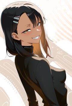 1girl absurdres artist_name black_choker black_hair black_shirt breasts brown_eyes choker dark-skinned_female dark_skin ear_piercing grin hair_ornament hairclip highres ijiranaide_nagatoro-san long_hair long_sleeves looking_at_viewer medium_breasts nagatoro_hayase otokakoto piercing shirt smile solo turtleneck upper_body