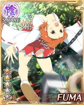 1girl :o backflip breasts brown_eyes card_(medium) chain cleavage forest fuma_(senran_kagura) fuuma_shuriken game_cg hair_ribbon hakama hakama_skirt japanese_clothes kimono large_breasts looking_back medium_hair miko multiple_torii nature non-web_source official_alternate_costume official_art orange_hair outdoors red_hakama ribbon ribbon-trimmed_sleeves ribbon_trim senran_kagura senran_kagura_new_wave shuriken skirt solo topknot torii tree weapon white_kimono wide_sleeves