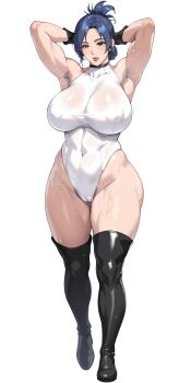 Rule 34 | 1girl, abs, areola slip, arika, armpit hair, armpits, blair dame, blush, breasts, covered erect nipples, earrings, female pubic hair, fighting ex layer, full body, highleg, highres, huge breasts, jewelry, large breasts, leotard, long hair, looking at viewer, mature female, muscular, muscular female, nanabe 78, navel, parted lips, pubic hair, simple background, solo, standing, street fighter, street fighter ex (series), sweat, thighs