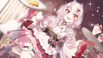 Rule 34 | 1girl, bow, commentary request, dress, drink, food, frills, fruit, hair between horns, hair ornament, highres, holding, hololive, horns, legband, long hair, long sleeves, looking at viewer, multicolored hair, nakiri ayame, nakiri ayame (10th costume), official alternate costume, oni, red eyes, red hair, red streaks, satsuki (pixiv 742410), skin-covered horns, strawberry, streaked hair, virtual youtuber, white hair, wide sleeves, x hair ornament