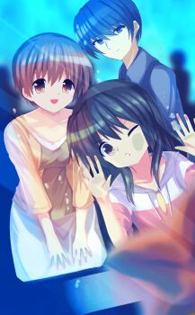 Rule 34 | 1boy, 2girls, :d, against glass, aquarium, black hair, blue eyes, blue hair, blurry, breasts, brown eyes, brown hair, casual, cheek on glass, cheek press, clannad, closed mouth, commentary request, depth of field, family, family bonding, flat chest, hand on glass, highres, hood, hood down, hoodie, husband and wife, ibuki fuuko, ibuki kouko, long hair, long sleeves, looking at animal, looking at viewer, multiple girls, one eye closed, open mouth, orange shirt, parted lips, shirt, short hair, siblings, sidelocks, sisters, skirt, small breasts, smile, split mouth, starfish, underwater, v-shaped eyebrows, white skirt, yoanium, yoshino yuusuke