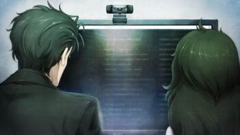 1boy 1girl ahoge beard_stubble black_hair black_jacket coat computer facial_hair from_behind game_cg green_hair highres hiyajou_maho huke indoors jacket lab_coat long_hair looking_at_object messy_hair monitor non-web_source official_art okabe_rintarou okabe_rintarou_(beta) ringed_eyes science_adventure short_hair square_pupils steins;gate steins;gate_0 stubble very_long_hair webcam white_coat