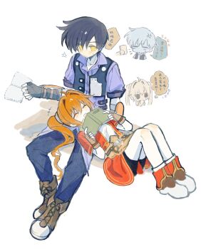 1boy 1girl absurdres ahoge anger_vein antenna_hair bike_shorts bike_shorts_under_skirt black_gloves black_hair boots brown_gloves brown_hair closed_eyes commentary_request cropped_jacket denim double-parted_bangs eiyuu_densetsu estelle_bright fingerless_gloves full_body gloves hair_between_eyes hair_intakes highres jeans joshua_bright lap_pillow long_hair morino_kaoru open_mouth pants parted_bangs shoes short_sleeves shorts shorts_under_skirt simple_background smile sneakers sora_no_kiseki speech_bubble swept_bangs translation_request white_background yellow_eyes