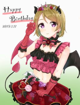 1girl artist_request blush bra brown_hair clenched_hand demon_horns demon_tail demon_wings devil dress earrings female_focus flower gloves highres horns jewelry koizumi_hanayo looking_at_viewer love_live! love_live!_school_idol_project navel polearm polka_dot polka_dot_bra purple_eyes short_hair skirt smile solo striped_clothes striped_gloves tail tiara trident underwear vertical-striped_clothes vertical-striped_gloves weapon wings