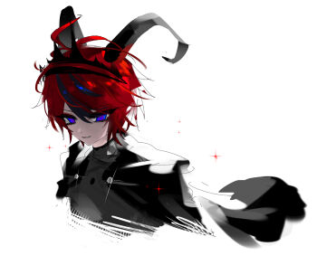 1boy ahoge black_cape black_hair black_horns black_jacket blue_eyes cape commentary cropped_shoulders glint goupaifentiao hair_between_eyes highres horns jacket last_defense_academy_school_uniform male_focus multicolored_hair red_hair school_uniform short_hair simple_background smile solo sparkle streaked_hair sumino_takumi the_hundred_line_-last_defense_academy- tsurime two-tone_hair white_background