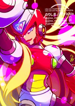 Rule 34 | 1boy, arm cannon, armor, blonde hair, chest jewel, forehead jewel, helmet, highres, long hair, male focus, mega man (series), mega man x (series), no-rishio, red armor, red helmet, sharp teeth, solo, teeth, watermark, weapon, zero (mega man)