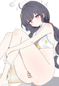 1girl absurdres ahoge bar_censor bikini black_hair blue_archive blush braid bright_pupils censored closed_mouth halo hat highres leaf leaf_on_head loli looking_at_viewer miyu_(blue_archive) miyu_(swimsuit)_(blue_archive) ogogok_(user_ahna2283) pink_eyes pussy shadow simple_background solo straw_hat swimsuit twin_braids white_background white_bikini white_pupils