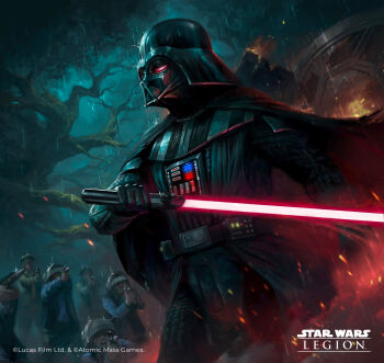 6+boys absurdres alifka_hammam_nugroho black_cape black_gloves black_helmet cape copyright_logo copyright_name darth_vader embers energy_sword english_text gloves gun helmet highres holding holding_gun holding_sword holding_weapon lightsaber logo multiple_boys rebel_soldier_(star_wars) red_lightsaber solo_focus star_wars star_wars_legion sword tree weapon