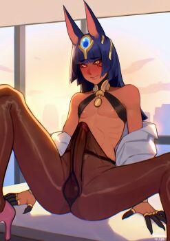 1boy absurdres animal_ears artist_name blue_hair blunt_bangs blush brown_pantyhose brown_sclera bulge colored_sclera crossdressing crossdressing_(mtf) dated day erection erection_under_clothes eye_tattoo gusset high_heels highres indoors jackal_ears large_penis long_hair looking_at_viewer off_shoulder open_clothes open_shirt original pantyhose pectorals penis pink_shoes shirt shoes sitting smile solo sunna_(nilsunna) tattoo testicles trap uncensored white_shirt window yellow_eyes