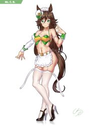 Rule 34 | 1girl, adapted costume, animal ears, apron, arm strap, bare shoulders, belt, breasts, brown hair, character name, clothing request, commentary request, crossed legs, full body, garter straps, ge (zmq67911029), gold choker, green eyes, hair between eyes, hair ornament, hairclip, hat, high heels, horse ears, horse girl, horse tail, long hair, maid, maid headdress, mini hat, mini top hat, mr. c.b. (umamusume), navel, revision, signature, simple background, single sleeve, single wrist cuff, small breasts, smile, solo, standing, tail, thighhighs, top hat, umamusume, unconventional maid, very long hair, white apron, white background, white belt, white garter straps, white hat, white thighhighs, wrist cuffs