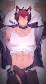 1boy abs animal_ear_piercing animal_ears bara belt black_jacket blush commentary_request dog_boy dog_ears fox_anmian highres jacket jewelry komano_manato large_penis looking_at_viewer male_focus muscular muscular_male necklace on_bed penis scar scar_on_chest scar_on_face shirt white_shirt zenless_zone_zero