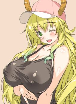 1girl ;d arm_under_breasts bare_arms bare_shoulders baseball_cap black_tank_top blonde_hair blush breasts cleavage collarbone commentary_request covered_erect_nipples dragon_girl dragon_horns green_eyes hat highres horns huge_breasts kobayashi-san_chi_no_maidragon long_hair looking_at_viewer lucoa_(maidragon) no_bra one_eye_closed open_mouth orange_background pink_hat shintarou shiny_skin simple_background smile solo tank_top teeth upper_teeth_only very_long_hair