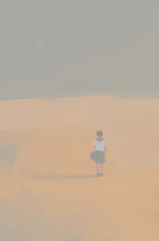 1girl bangqiao_yan black_hair black_skirt bob_cut day kite muted_color original outdoors shirt short_hair skirt solo standing white_shirt