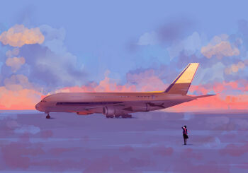 1girl aircraft airplane bangqiao_yan blue_sky cloud cloudy_sky full_body hand_up mini_person minigirl original outdoors pink_clouds red_scarf scarf sky solo sunset