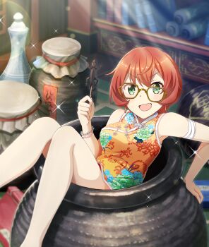 1girl animal bare_legs bob_cut book breasts china_dress chinese_clothes dappled_sunlight double-parted_bangs dress earrings floral_print floral_print_dress game_cg glasses green_eyes hexagonal_eyewear holding holding_skewer in_pot indoors jewelry large_breasts lens_flare lizard looking_at_viewer official_art orange_dress print_dress red_hair scroll short_hair skewer sleeveless sleeveless_dress solo sparkle sunlight third-party_source toji_no_miko toji_no_miko:_kizamishi_issen_no_tomoshibi watanabe_emily