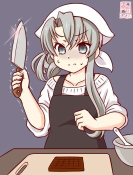 Rule 34 | 1girl, alternate costume, apron, asymmetrical hair, blush, bowl, chocolate, collarbone, commentary request, cooking, grey background, grey eyes, grey hair, headscarf, kanon (kurogane knights), kantai collection, knife, long hair, nowaki (kancolle), solo