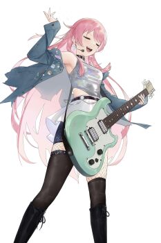 1girl :d absurdres arm_up armpits bad_source bang_dream! bang_dream!_it's_mygo!!!!! belt black_choker black_thighhighs blue_jacket boots breasts chihaya_anon choker closed_eyes crop_top denim earrings electric_guitar fishnets grey_shirt guitar highres holding holding_instrument instrument iridescent_clothes jacket jewelry jichuan_lengli knee_boots long_hair long_sleeves medium_breasts midriff music off_shoulder open_clothes open_jacket open_mouth pink_hair playing_instrument shirt simple_background skirt sleeveless sleeveless_shirt smile solo standing thighhighs very_long_hair white_background white_skirt