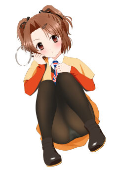 1girl black_pantyhose black_ribbon black_shoes blue_necktie blush brown_capelet brown_eyes brown_hair capelet crotch_seam flag_print hair_ornament hair_ribbon hairclip holding holding_magnifying_glass komatsu_(komatsu358) long_sleeves looking_at_viewer magnifying_glass necktie open_mouth orange_skirt panties pantyhose pantyshot print_necktie red_sweater ribbon shirt shoes short_hair sister_princess skirt squatting sweater twintails underwear union_jack_print white_background white_panties white_shirt yotsuba_(sister_princess)