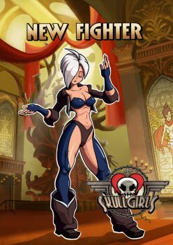 1girl angel_(kof) backless_pants boots bra breasts chaps cleavage cowboy_boots crop_top cropped_jacket fingerless_gloves gloves hair_over_one_eye highres jacket large_breasts leather leather_jacket midriff navel panties pants short_hair skullgirls snk solo spitfir6 strapless strapless_bra the_king_of_fighters the_king_of_fighters_2001 toned toned_female underwear white_hair