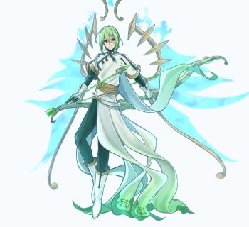 1boy arrow_(projectile) aura bow_(weapon) commentary_request emblem_(fire_emblem_engage) fire_emblem fire_emblem:_the_blazing_blade fire_emblem_engage floating genderswap genderswap_(ftm) green_hair highres holding holding_arrow holding_bow_(weapon) holding_weapon intelligent_systems looking_to_the_side lyn_(fire_emblem) male_focus nil_(fire_emblem) nintendo official_alternate_costume official_alternate_hair_color possessed possession rafal_(fire_emblem) red_eyes shi-on short_hair simple_background solo weapon white_background wings