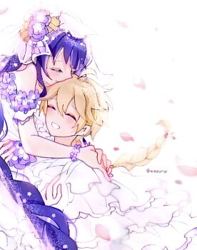 1boy 1girl aether_(genshin_impact) ahoge alternate_costume alternate_universe bare_shoulders blunt_bangs bracelet braid bridal_veil carrying carrying_person cherry_blossoms closed_eyes closed_mouth commentary couple dress earrings english_commentary falling_petals flower flower_ornament friends frilled_dress frills genshin_impact glowing hair_between_eyes hair_flowing_over hair_ornament happy heads_together hetero highres jewelry leaning_forward leaning_to_the_side light_blush light_smile long_hair mazuryi_kana multicolored_hair no_mole off_shoulder parted_lips petals pink_background pink_petals princess_carry purple_flower purple_hair raiden_shogun see-through_clothes see-through_veil single_braid single_earring smile standing streaked_hair teeth veil wedding wedding_dress white_dress white_veil wind