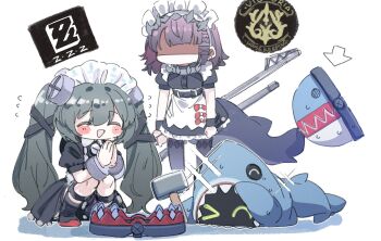 >_o 2girls apron arrow_(symbol) bear_trap belt black_boots black_dress blush_stickers boots brown_hair chibi commentary_request copyright_logo corin_wickes cuffs dress ellen_joe fins fish_tail flying_sweatdrops green_hair hammer highres logo long_hair maid_headdress meeeeeeco359 multiple_girls one_eye_closed open_mouth own_hands_together shaded_face shark_tail sharkboo_(zenless_zone_zero) short_hair short_sleeves smile sparkle squatting standing sweat tail twintails waist_apron white_background zenless_zone_zero