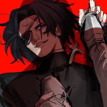 2boys 987smn commentary_request cross cross_necklace eyepatch fate/strange_fake fate_(series) hansa_cervantes highres jacket jester_karture jewelry latin_cross lying male_focus mole mole_under_eye multiple_boys necklace on_back open_mouth priest red_background shoes short_hair smile standing_on_another's_chest standing_on_person stepped_on