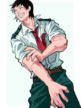 1boy a_nzi_end absurdres belt black_hair boku_no_hero_academia brown_belt collared_shirt commentary_request fingernails green_pants grid_teeth highres looking_ahead male_focus necktie pants red_necktie rolling_sleeves_up sero_hanta shirt short_hair simple_background sleeves_rolled_up solo white_shirt